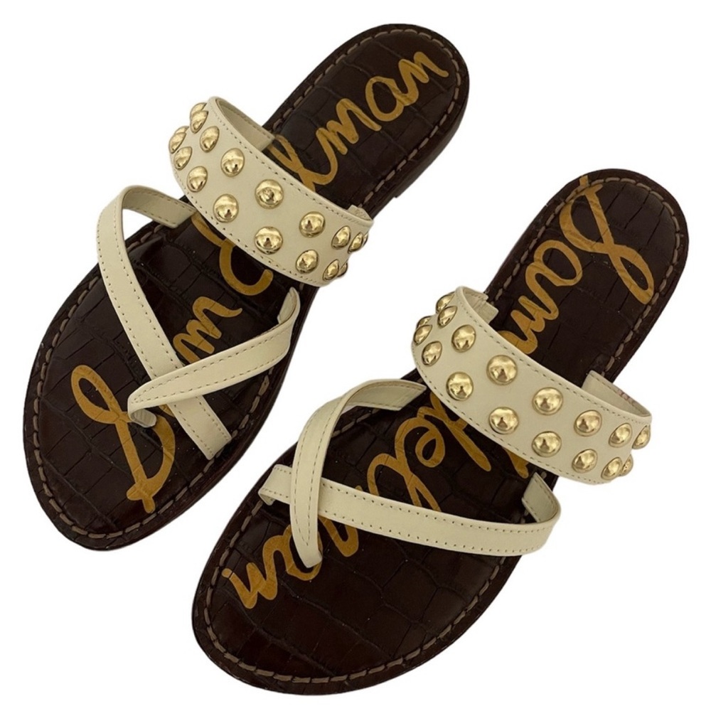 Sam Edelman Gensen Gold Studded Toe Strap Flat Sandal in Sweet Cream